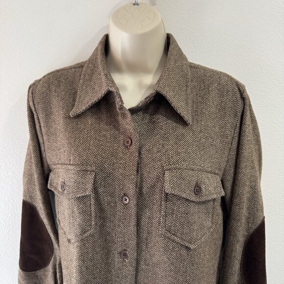 Vintage Y2K Gap Shirt Dress M Wool Tweed Chevron Brown Professor Patch Leather - Picture 2 of 10